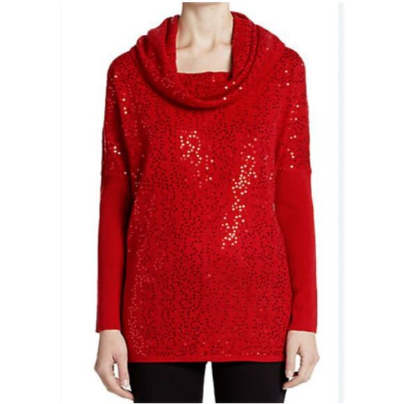 Saks Fifth Avenue Sequin Cashmere Cowlneck Oversized Sweater Red Size S Petite - Picture 1 of 9